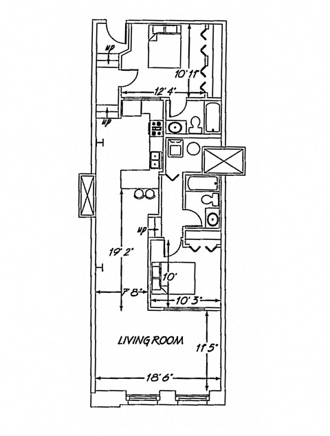 Floor plan for 2 beds, 2 baths, 968 sqft